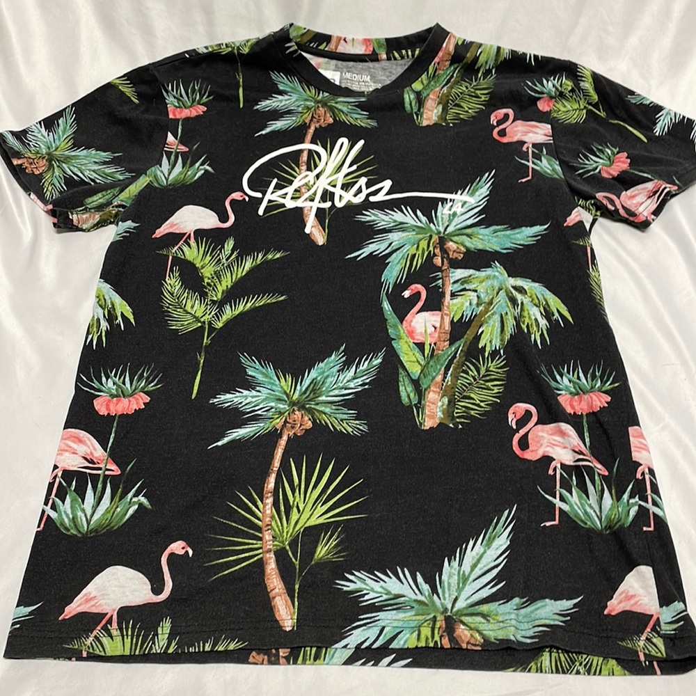 YR Flamingo Palm Tree Tropical Black Tee Shirt Size Medium